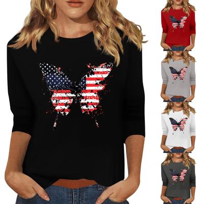 Damenmode, lässig, Rundhalsausschnitt, 3/4-Ärmel, lockeres T-Shirt mit Aufdruck zum Unabhängigkeitstag, Damenoberteil