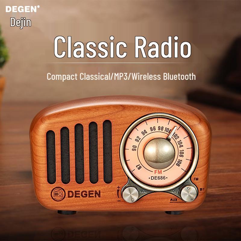 

DEGEN DE686 Mini Bluetooth Speaker: Compact Rechargeable with Card Slot, FM Radio, and Retro Design. Cherry