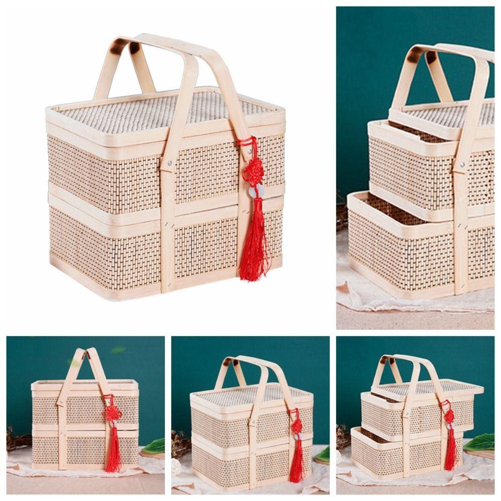 Natural Bamboo Basket Chinese Style Moon Cake Basket Picnic Basket  Home Decor