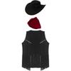 Mens Western Cowboy Costume Faux Suede Tassel Vest with Rivets Design Vintage Bandanna Hat 3 Piece Set