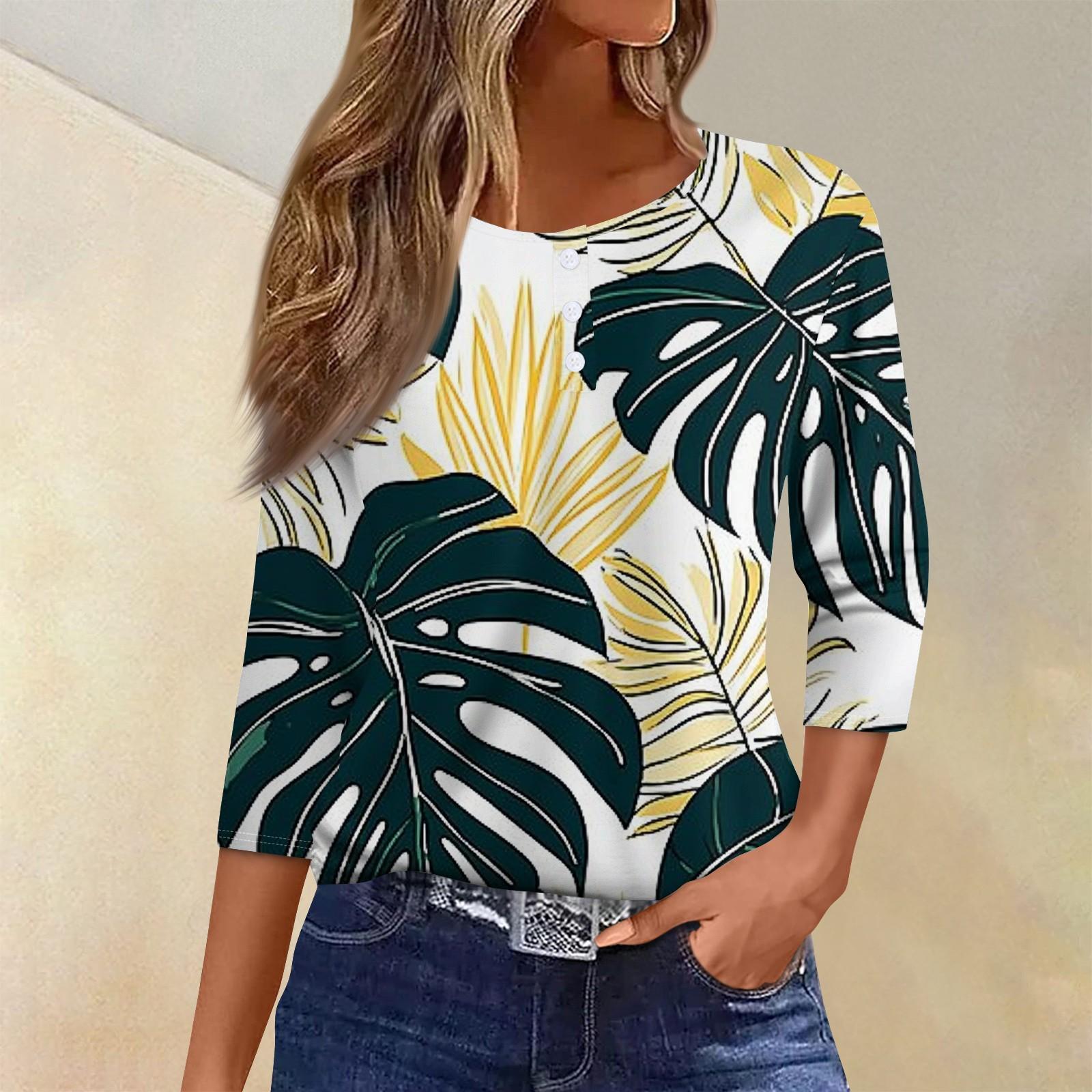 

Жен. Футболка Футболка С принтом Пуговицы Рукав 3/4Ежедневно Выходные Мода Классический Топ с v-образным вырезом Обычный L бежевый