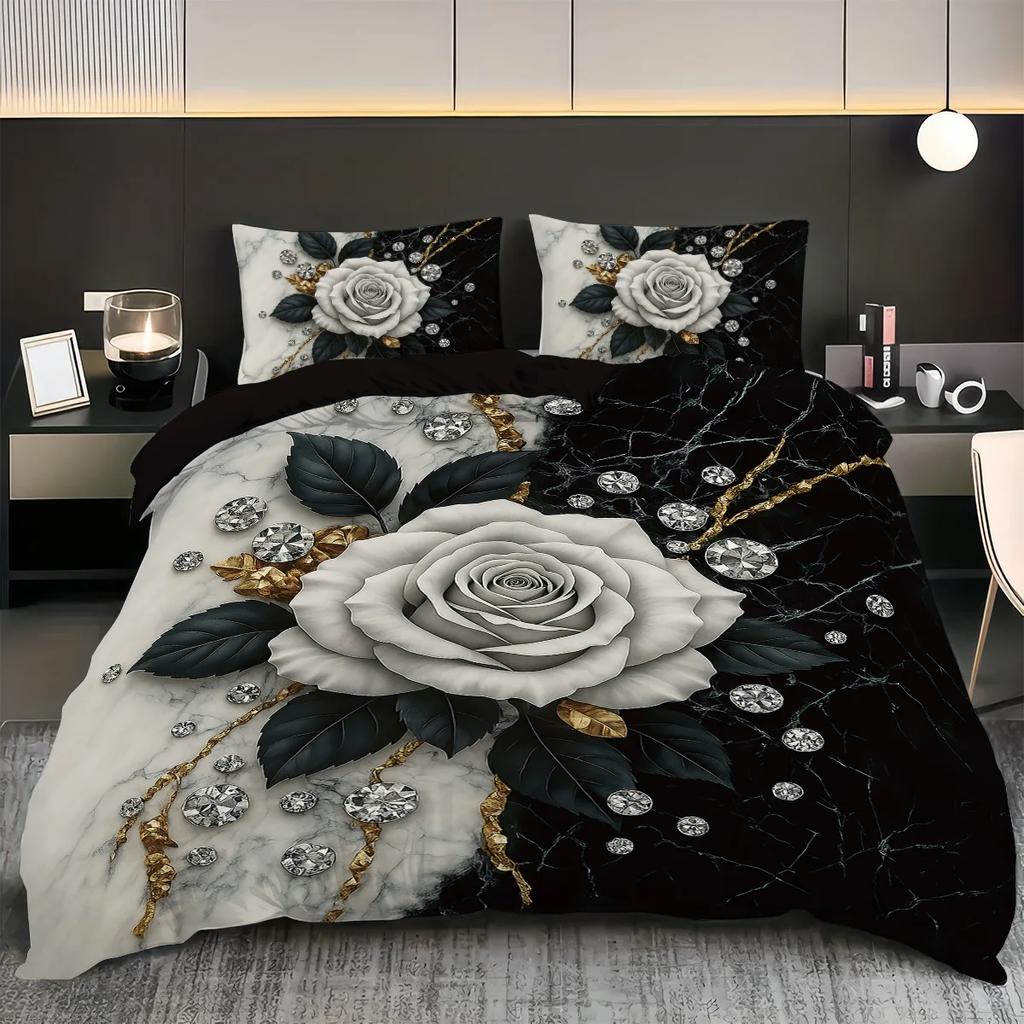 3pcs rose pattern bedding set, for women and adult's bedroom, 1*quilt cover+2*pillowcase, for single, queen bed