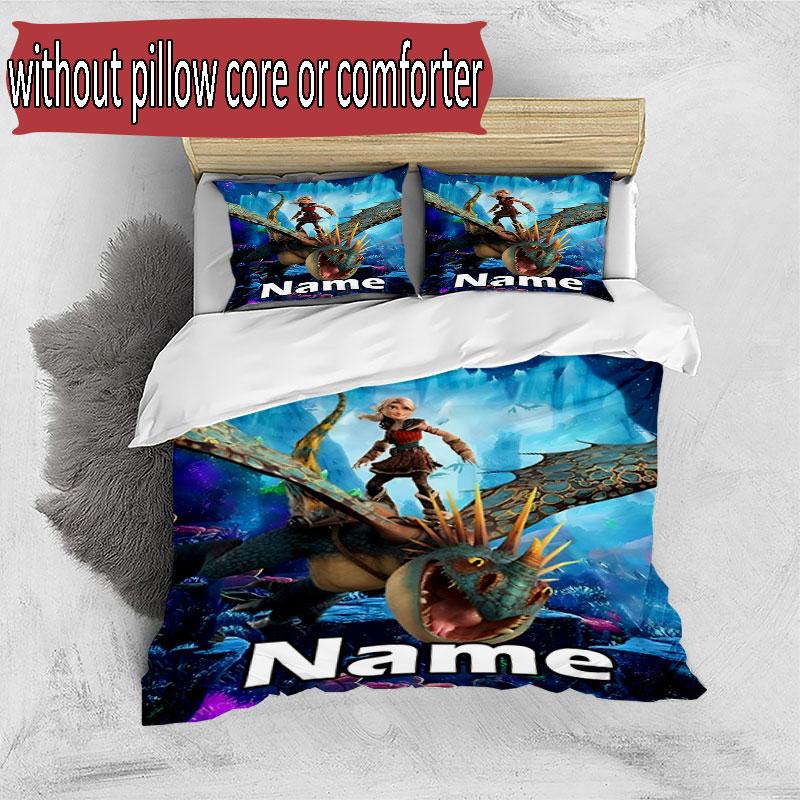 3pcs Duvet Cover Set (1*Duvet Cover + 2*Pillowcase, Without Core), Custom Name How to Train Your Dragon Pattern Bedding Set, Home Bedroom Decor Gift