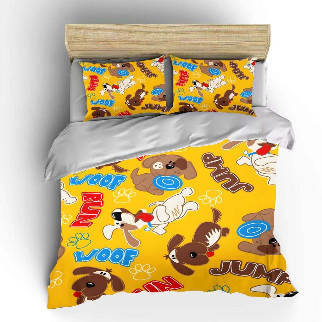 Cartoon Dogs And Letter Pattern Duvet Cover Set Digital Print Colorful Polyester Bedding With Zipper Closur For Kids Gifts