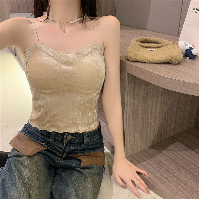 

Fall and Winter New Arrival Velvet Spaghetti Straps Vest Stitching Slim Fit Inner Wear Pure Desire Sexy Sleeveless Bottoming Short Open Back Tops Apricot color M