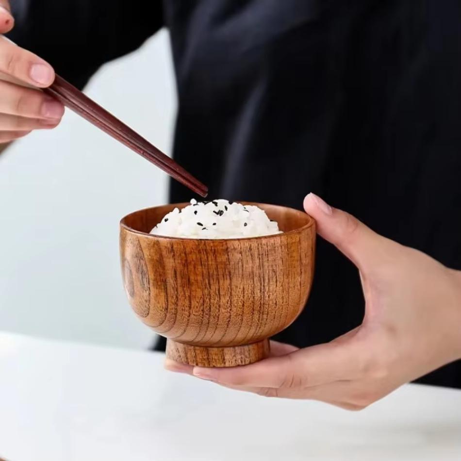 High Quality Eco-friendly Solid Round Wooden Bowl Polished Multi-Functional For Salad Fruits Soup Rice Kitchen Utensil