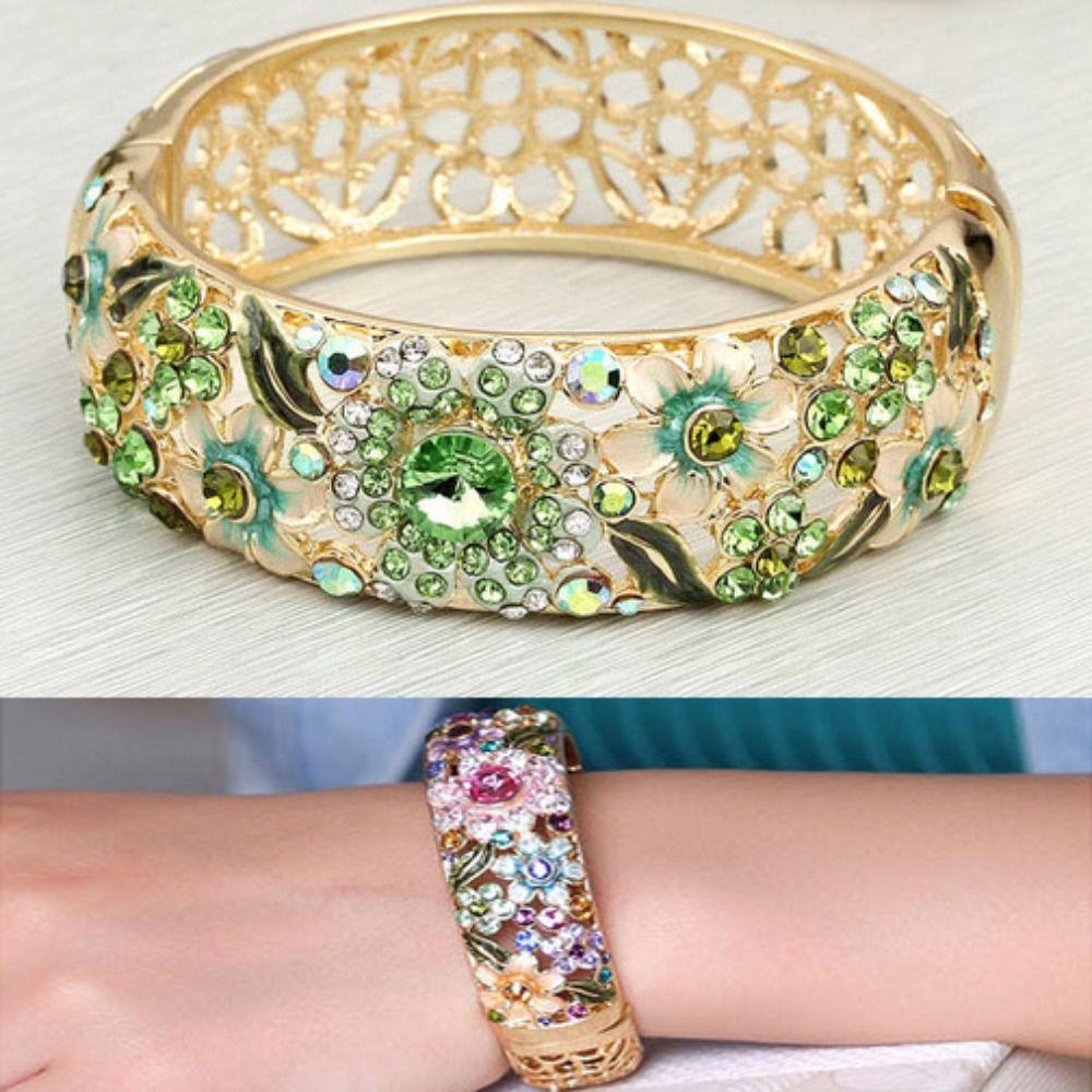 Enamel Chinese Cloisonne Bracelet Rhinestone Women's Hand Bracelet Hollow Out Flower Bangle  Gifts