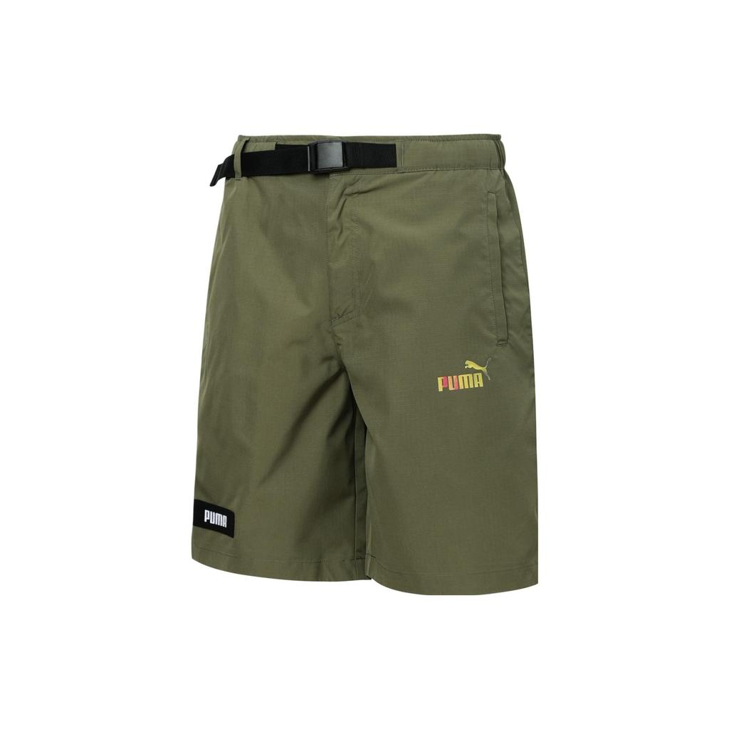Puma Logo Cargo Solid Color Logo Print Belted Straight Casual Shorts, Unisex, Green
