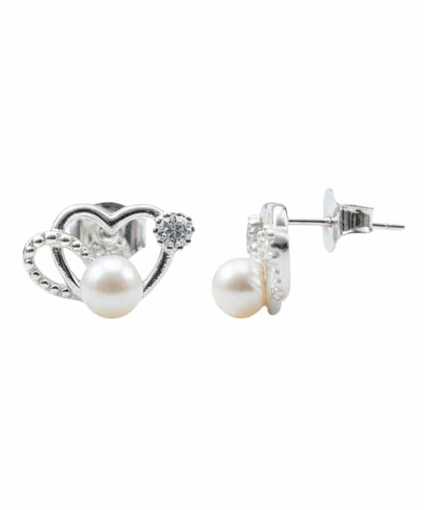 Alleun Silver 925 Heart Cubic Freshwater Pearl Stud Earrings