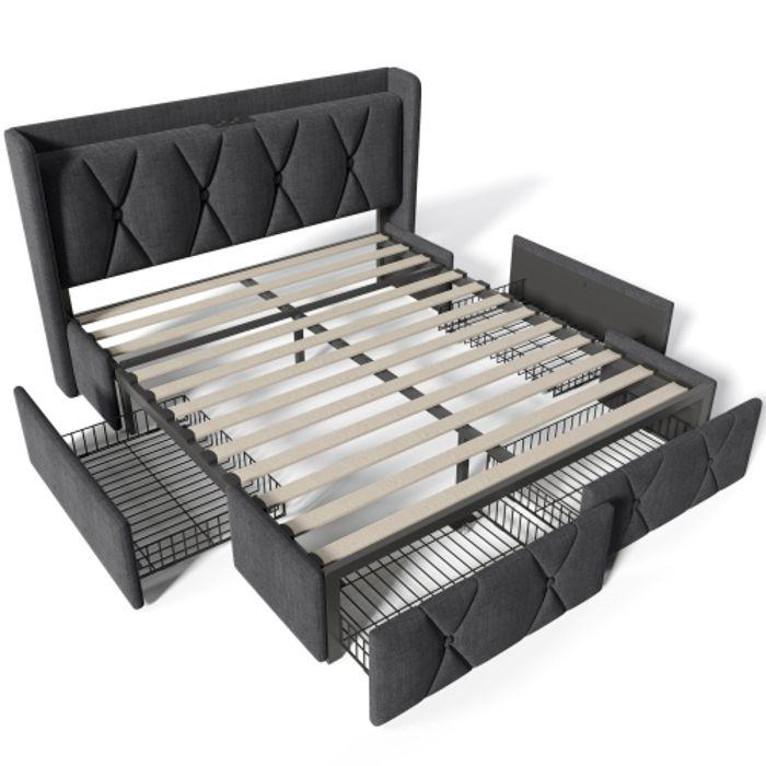 Lit - MUVOE - 160x200 Cm - Headboard with USB - 4 Drawers - Contemporary Grey