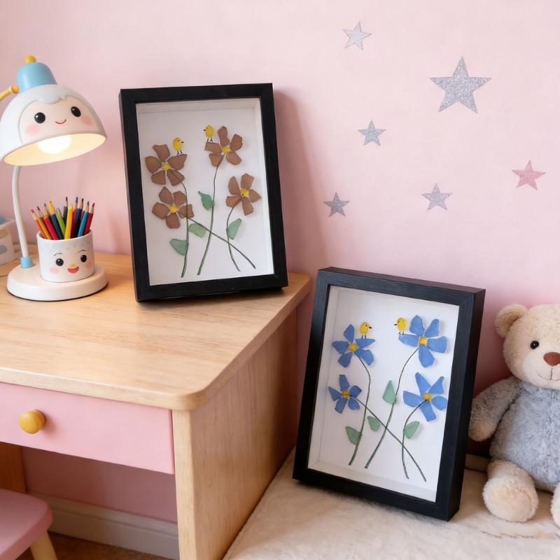 Handmade Sea Glass Art Frame Table Decors Forget Me Not Flower Birds Sea Glass Table Art Decors Gift for Friend