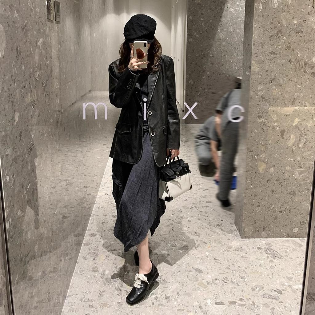 Cowhide Version~ Retro Literary Square Head Small Leather Shoes High Sense Thick Heel Front Lace-up Outside Wear Temperament Leather Single Shoes Wome