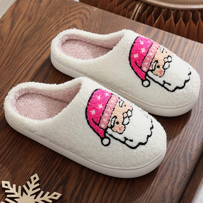 Fashion Cartoon Santa Claus Cotton Slippers Women Winter Soft Faux Fur Plush Slides Woman Non Slip Wear Resistant Indoor Slipper Lady