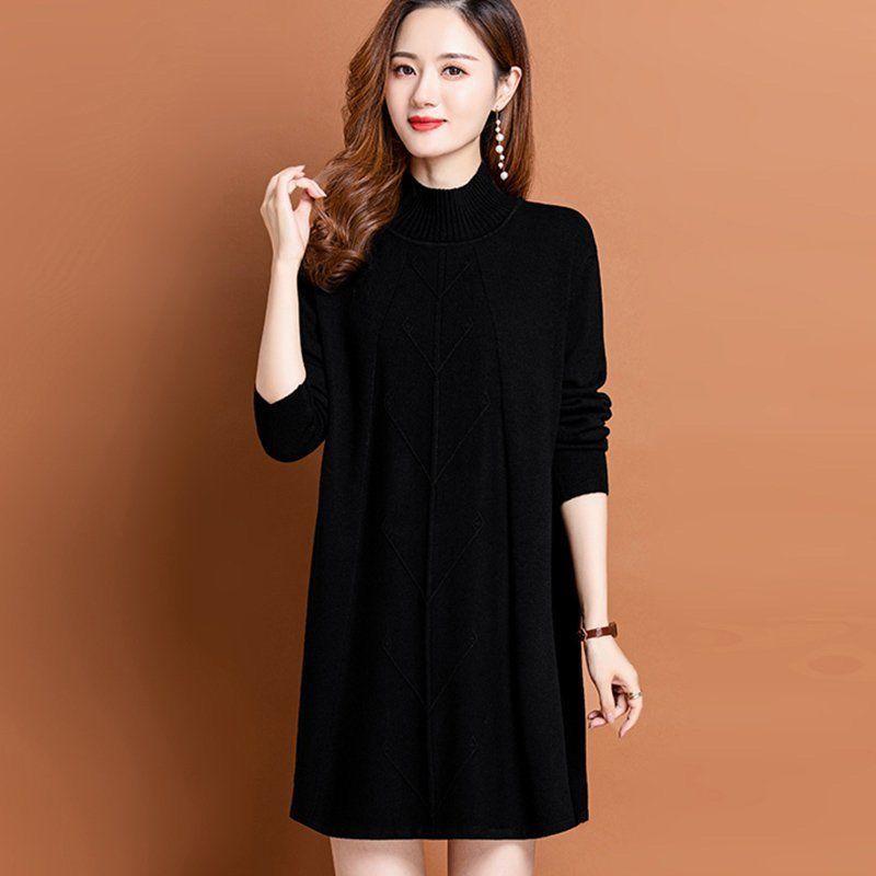 Mid-length Pullover Women's Solid-color Casual Knitted Sweater Dress Autumn and Winter Loose Large-sized Knitted Sweater