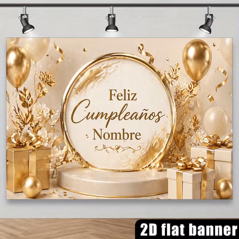

2D Custom Name Gold Beige Happy Birthday Banner Backdrop Photo Booth 47.2x31.5inch/120*80cm