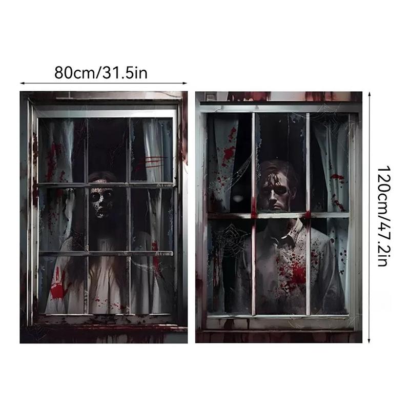 2-Piece Halloween Zombie Ghost Decor Bloody Window Scary Backdrop Outdoor Horror Hanging Cloth Spooky Party Supplies