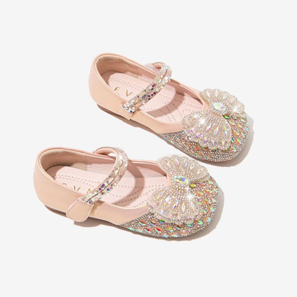 Girls' Shiny Princess Shoes with Bow Rhinestones Small Leather Shoes Fashionable Soft-soled Crystal Shoes