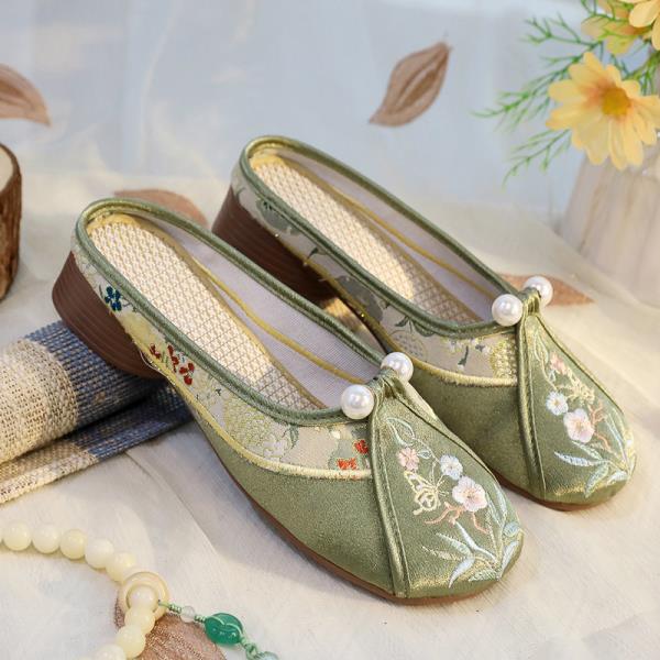 Fashion Home Slippers Women's Square Heel Loafers Slides Cover Toe Massage Block Floral Fabric Embroider Square Toe Block Heel Shoes Loa