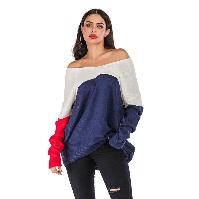 Women's V-Neck Sweater, Color-Block, Loose Fit