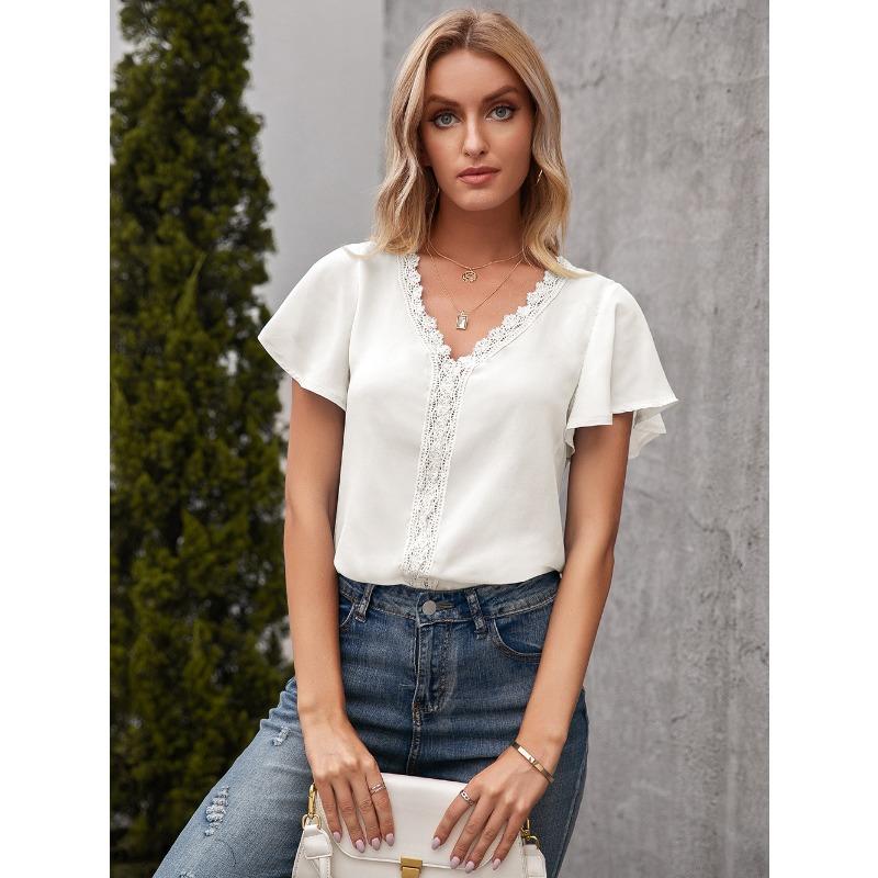 Sommer Einfaches Temperament Damen T-Shirt V-Ausschnitt Lässige Lose Hohle Kurzarm Tops