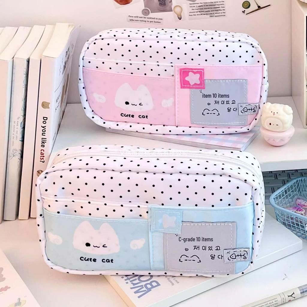 Mint Polka Dot Kitten Ita Bag Pencil Case - Cute, Large Capacity Stationery Storage for Students