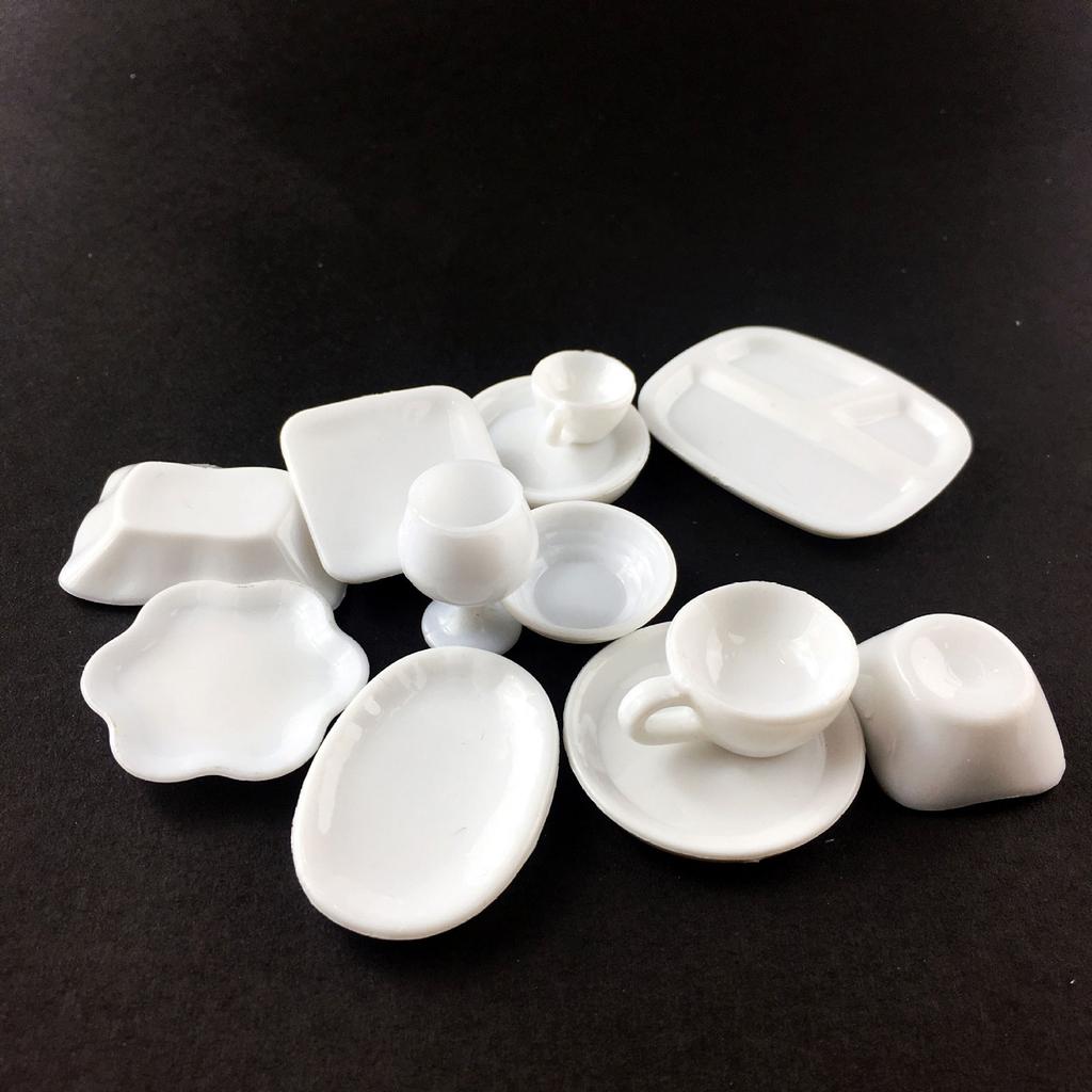 12PCS/Set Children Dollhouse Mini Kitchen Cookware Set Resin Trays Plates Bowls Cups Toddler Pretend Play Accessories