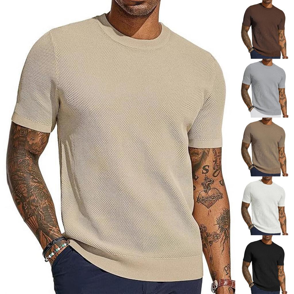 Men's Summer T-shirt Knitted European And American Retro Style Round Neck Long Sleeved Shirt