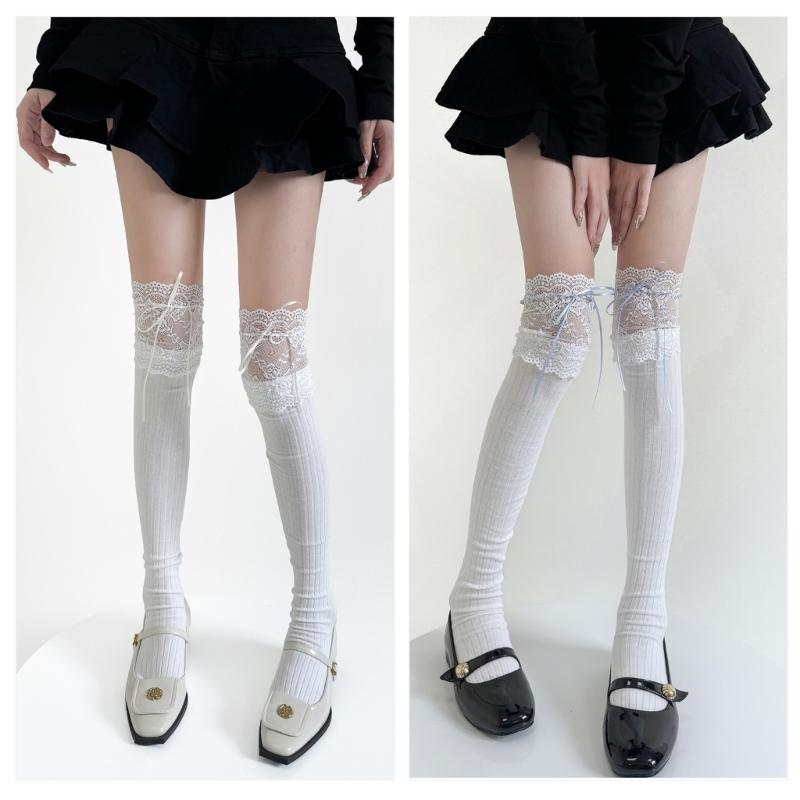 Ribbed Knit Striped Over Knee Long Socks for Women Japanese Student Sweet Bowknot Lace Splicing Thigh High Stockings