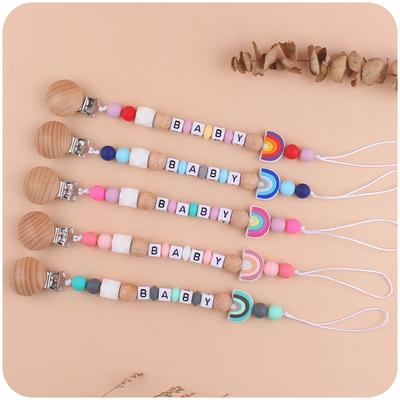 Baby Soother Beech Wood Pacifier Chain Baby Creative Cartoon Silicone Rainbow Chain Teething Teethers Anti-falling Chain