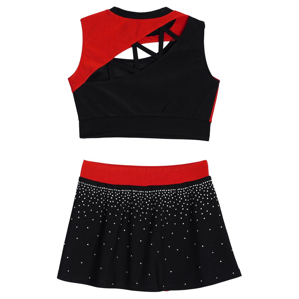 Kids Girls Cheerleading Dance Outfit Set Sleeveless Rhinestone Crop Top & High Slit Skirt for Cheer Competition, Stage Performance, Party Costume