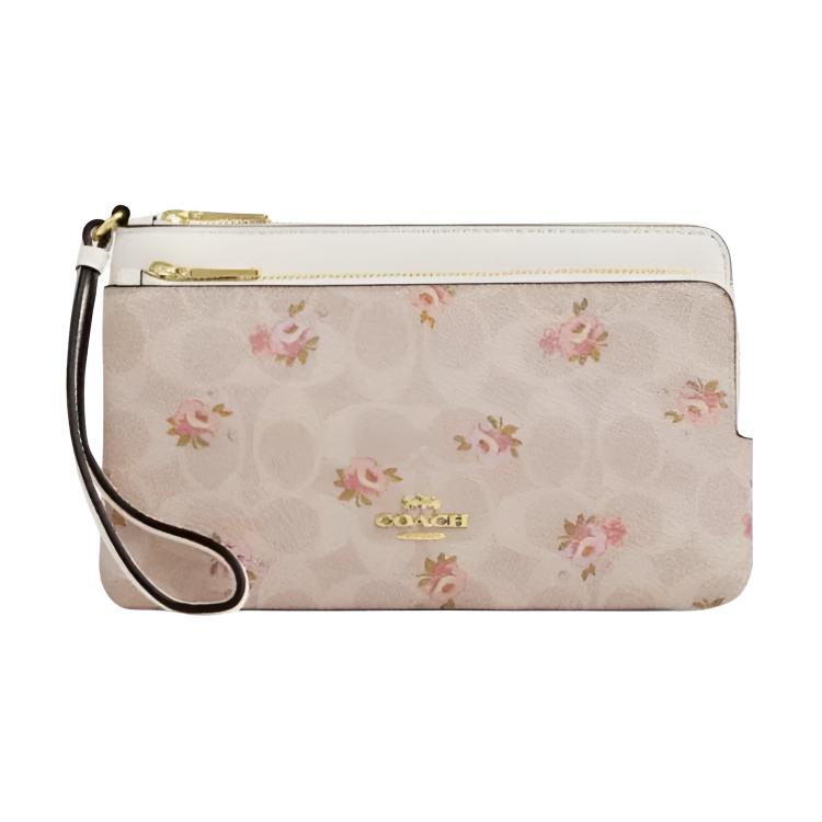 Coach Double Zip Wallet 20 Brand Logo Floral Print Canvas With Pebble Leather Women Wallet Gold Sand CAR09-IMSAS Gold & Sand