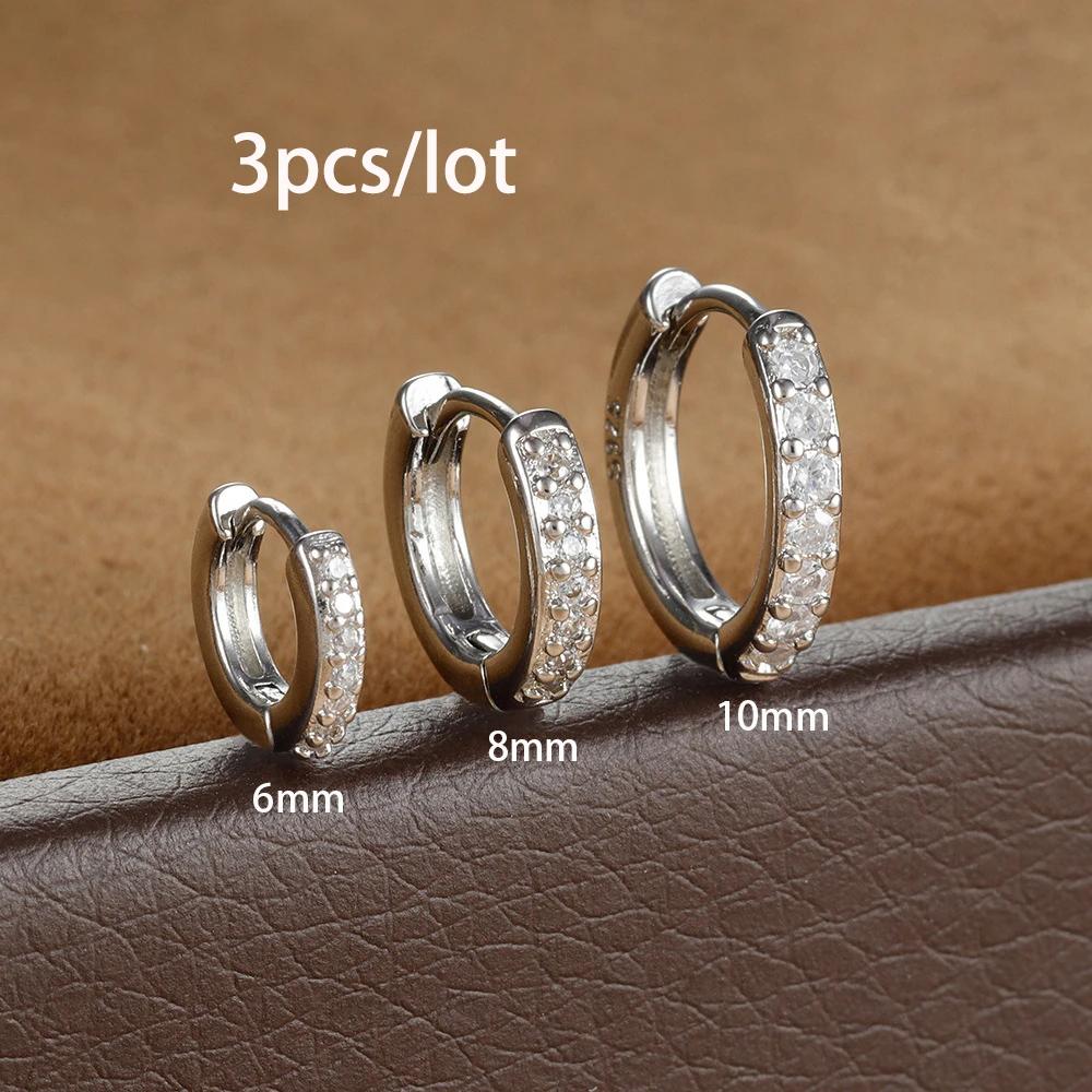 

3PCS 6/8/10mm Round Circle Stainless Steel Zircon Huggie Hoop Earrings Set for Women Tiny Unisex Rock Earring Piercing Jewelry