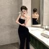New Elegant and Sexy Velvet One-shoulder Evening Gown with Padded Cups Rhinestone Decoration High Slit Cut Out Mermaid Style Formal Party Long Dress