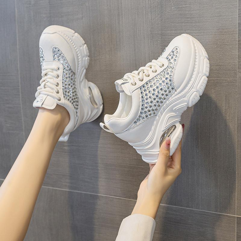 Fashion 8CM Women Casual Shoes Fashion Sneakers Platform High Heel Chunky Sneakers Walking Shoes Spring Autumn Bling Rhinestone