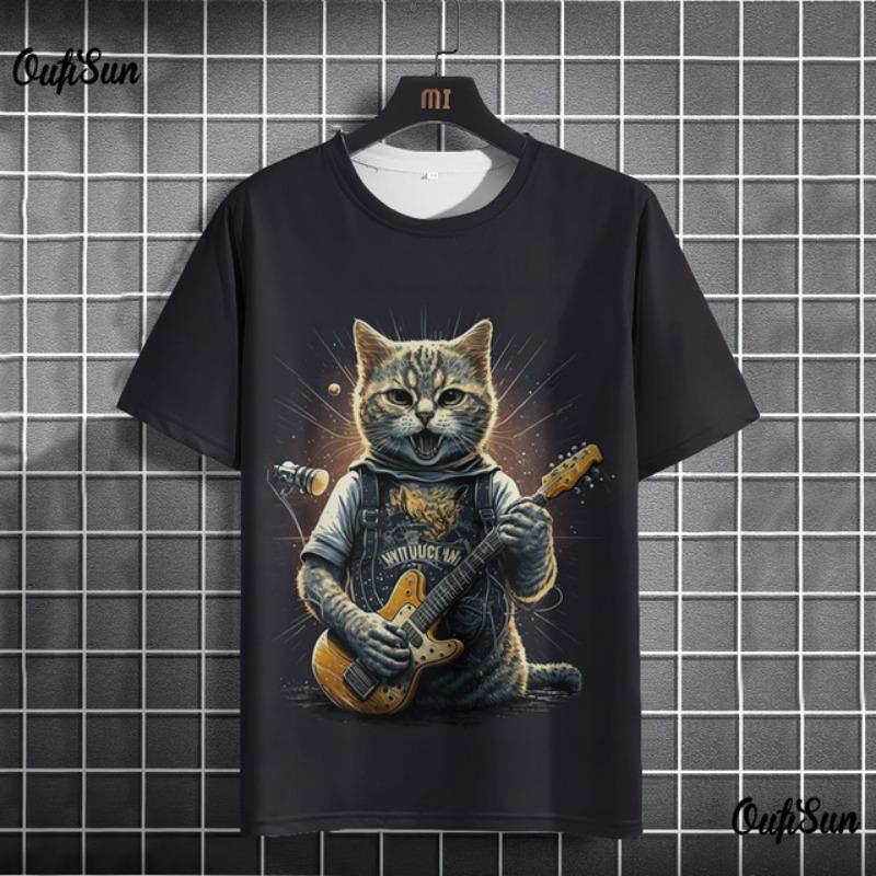 Herren T-Shirt im japanischen Stil mit Samurai-Katze-Grafik und 3D-Druck, lässiges kurzärmliges T-Shirt für den Außenbereich, übergroße Herrenbekleidung