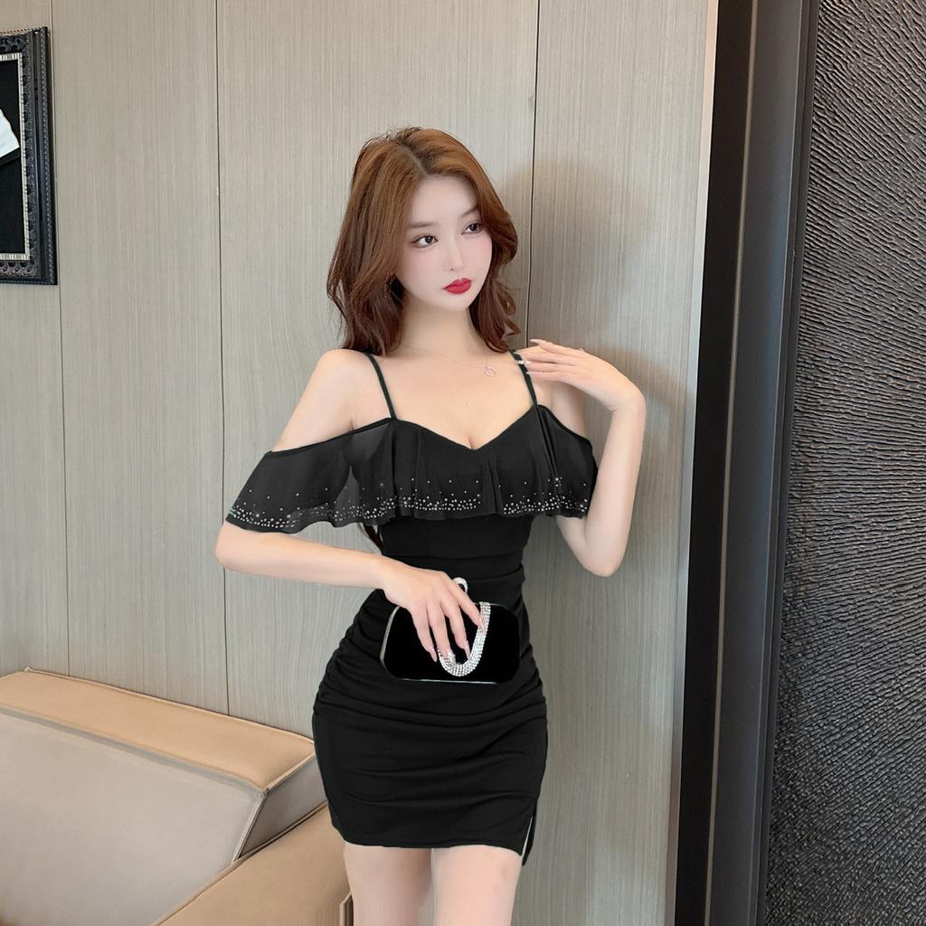 Work temperament famous daughter suspender one-word shoulder dress summer lotus leaf edge sexy and thin hip skirt woman