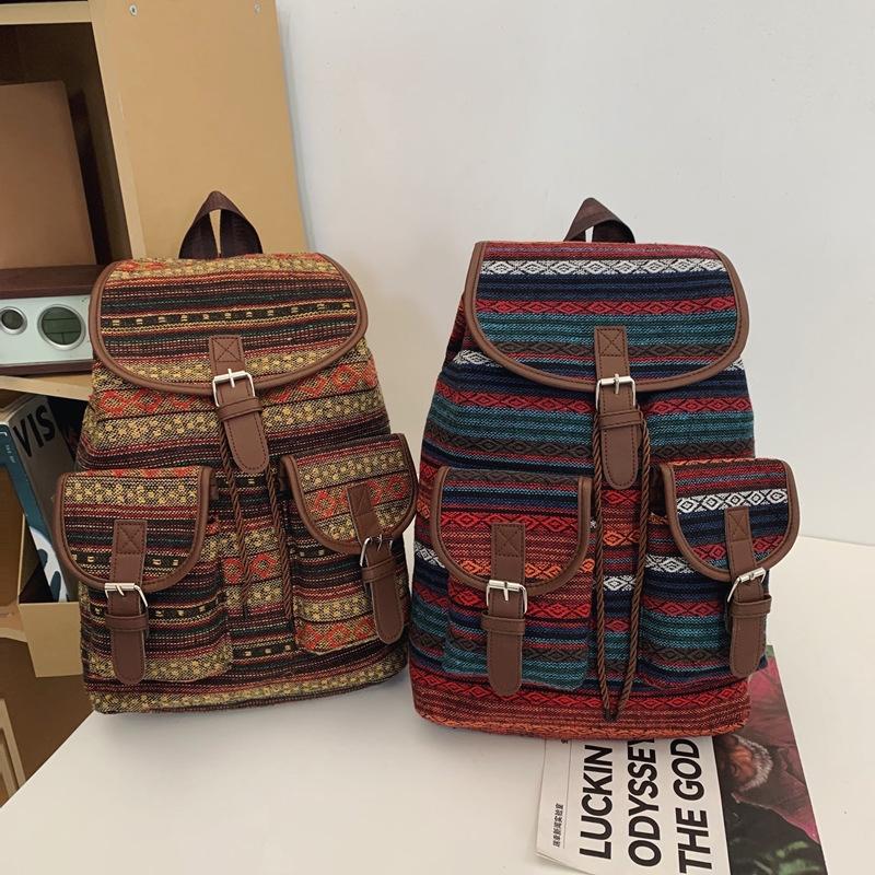 2026 New Female Ethnic Style Backpack Casual Plaid Drawstring Retro Women Large Capacity School Bag Drawstring Bucket Bag