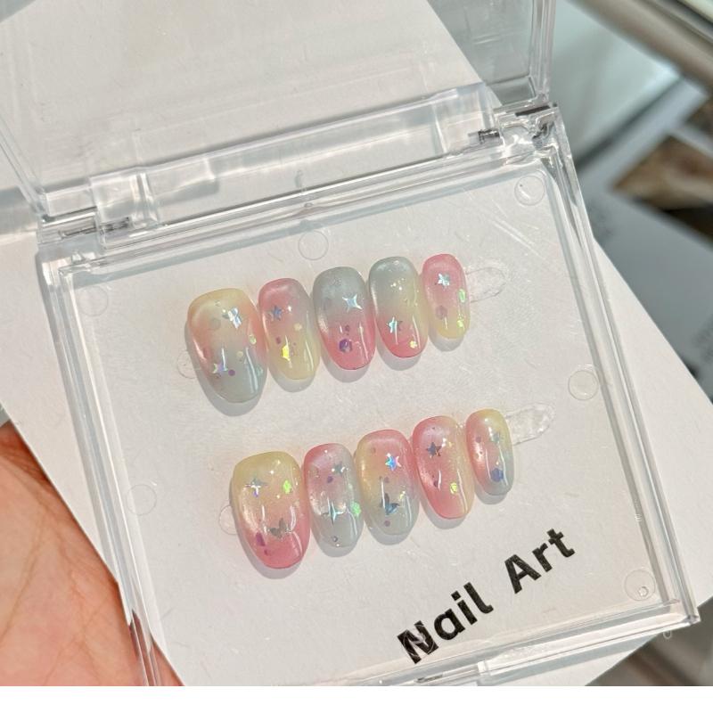 

10Pcs Pastel Gradient Press On Nails - Star Glitter Fake Nails L