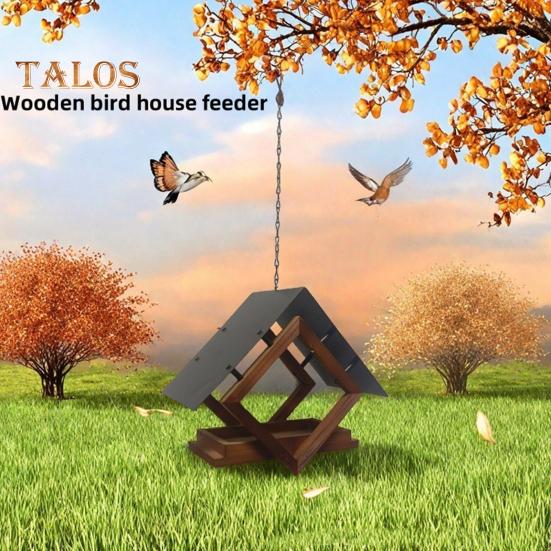 Birds Feeders Outdoor Hanging Wooden Birds Feeder with Weatherproof Metal Roof Wildbird Feeder House for Garden Courtyard Decor