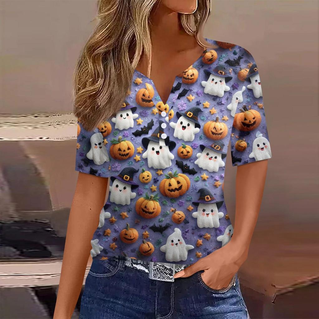 Damen T-Shirt Halloween Bedruckt Knopf Kurzarm Tunika Täglich Wochenende Mode Basic V-Ausschnitt Reguläres Oberteil