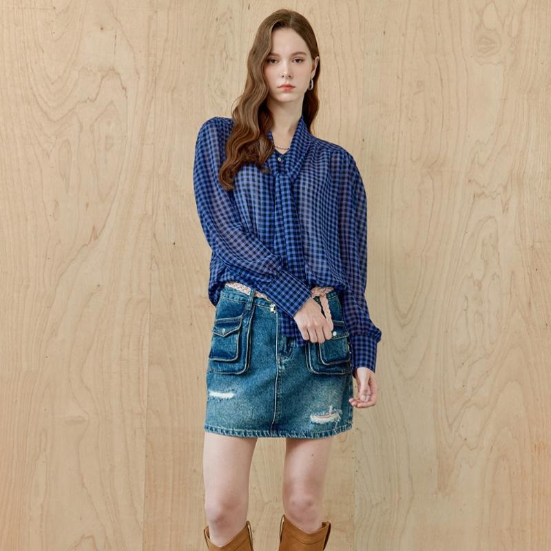 MAXZA Gobo Check Tie Ribbon Chiffon Blouse Zd09qb600on