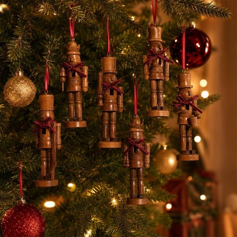 Mini Wooden Hanging Figure for Christmas Tree Display, Seasonal Figure with Ribbon Detail and Ready String for Wreath, Gift, and Shelf Use