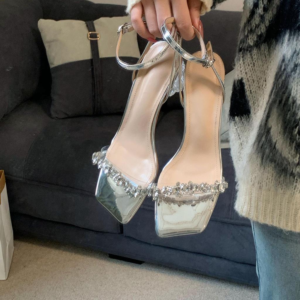Silver beautiful high-heeled sandals women's summer rhinestone super fairy high-end thick heel with sandals