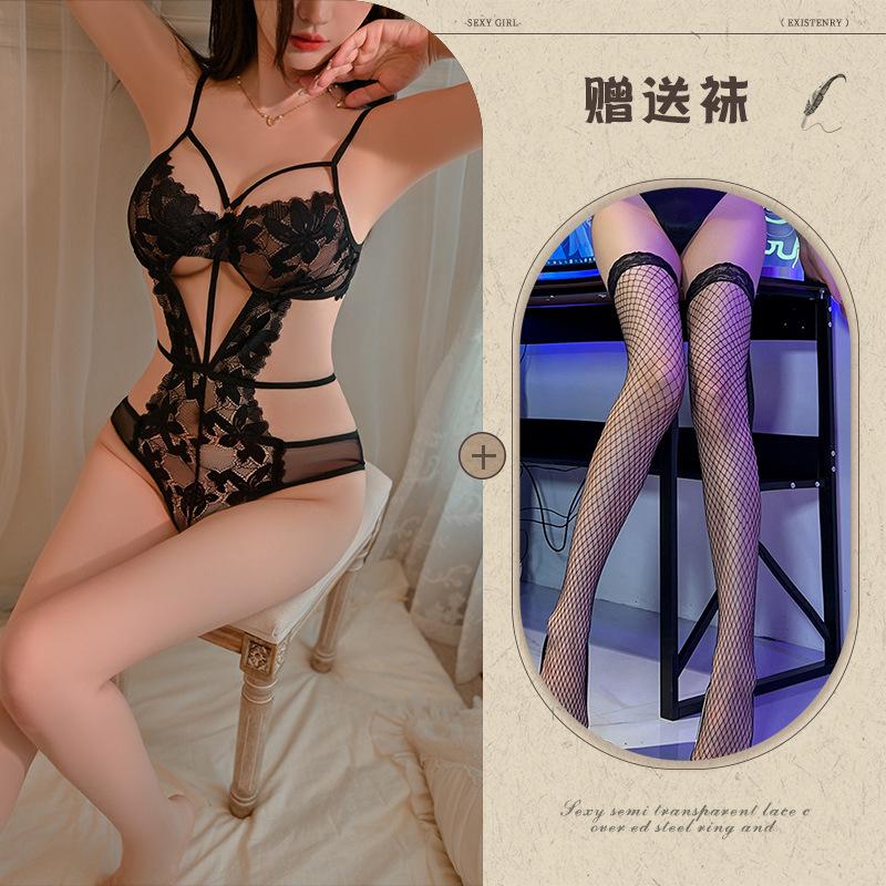 Hollow and Thin Sexy Underwear Sexy Onesie Temptation Strap Perspective Lace Free Purple