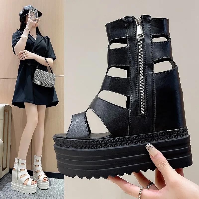 Women's Fashion Sexy Roman Sandals Summer Ultra High Heel Wedge Platform Shoes Side Zip Open Toes Solid Color Sandalias De Mujer