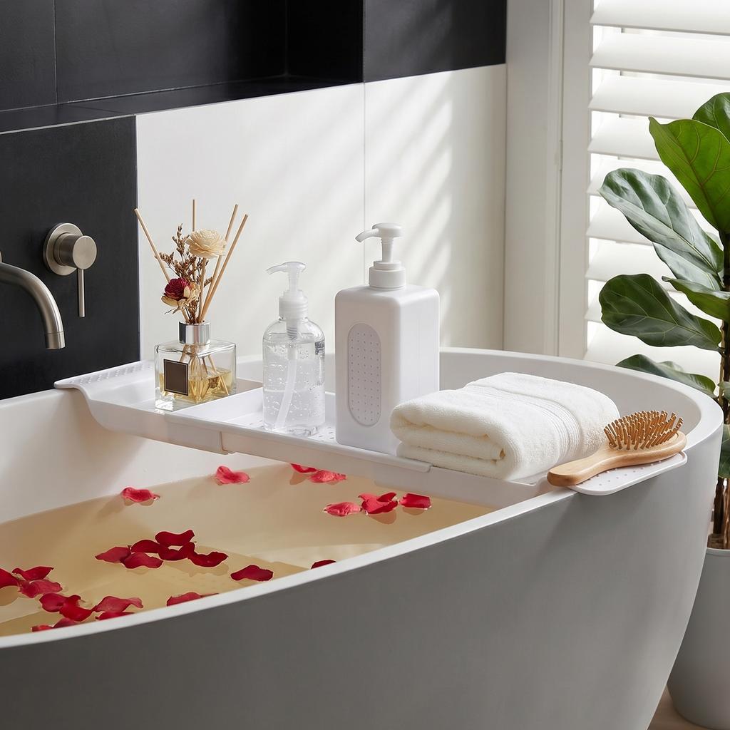 Extendable Bathtub Tray Caddy,Plastic Bathtub Storage Shelf for Shampoo,Books Drinks,Kitchen Dish Drying Rack,Kitchen Bathroom Accessory,White/Black