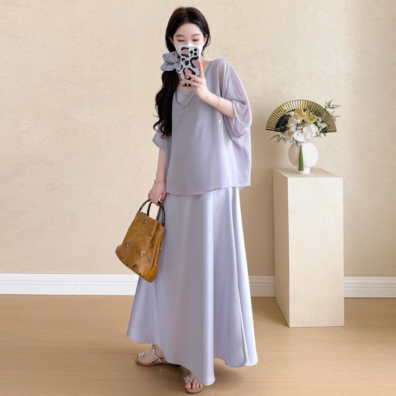 New Trendy Plus-Size Maternity Two-Piece Set: Acetate Camisole Dress & Chiffon Top X-Large