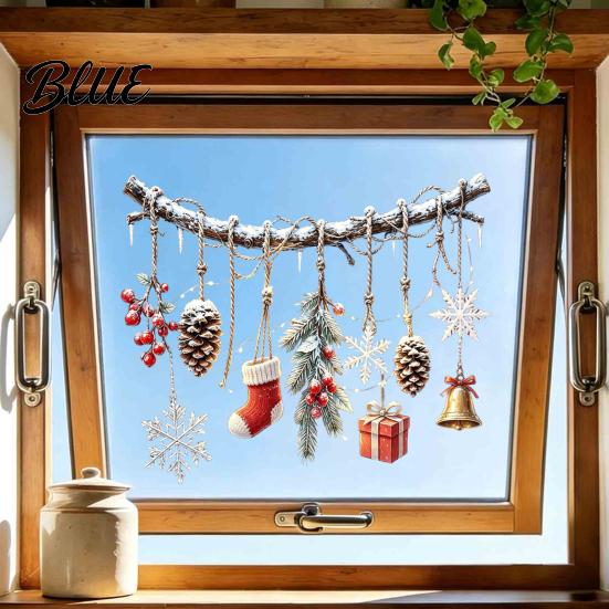 Removable PVC Window Film Christmas Branch and Pendants Clings Waterproof Static Glass Stickers Winter Pinecone Decals Bell Snowflake Stocking