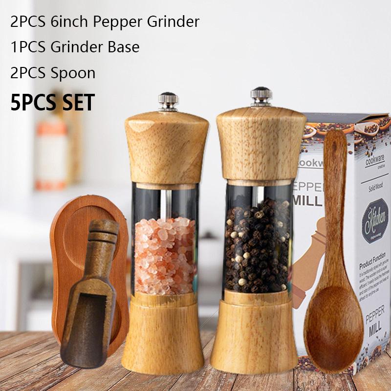 WXCOO 6inch Kitchen Pepper Grinder Sea Salt Grinder Ceramic Grinding Core Wooden Pepper Grinder Adjustable Manual Pepper Mill