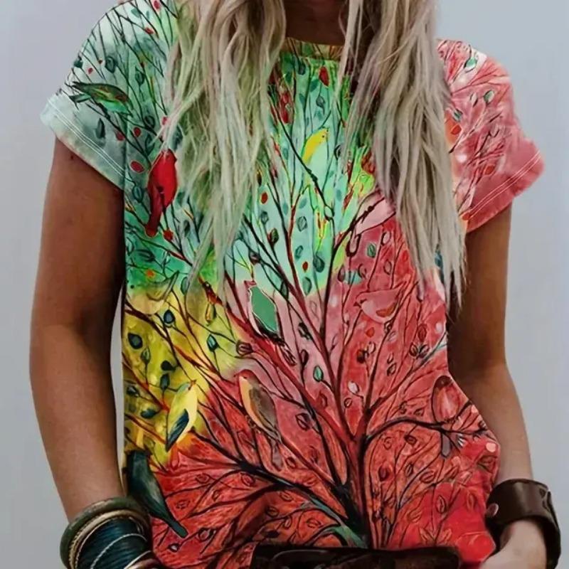 2024 Damen-T-Shirt mit Farbblock-Print, lässig, Rundhalsausschnitt, kurzärmliges Oberteil aus Strickstoff, übergroßes Damenkleid